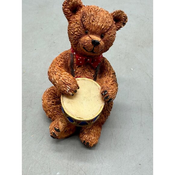 Vintage Ceramic Teddy Bear Drummer Figurine brown dots playful 3" bow tie READ - Picture 5 of 6